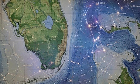 Topographical image of Florida overlaid with star chart.